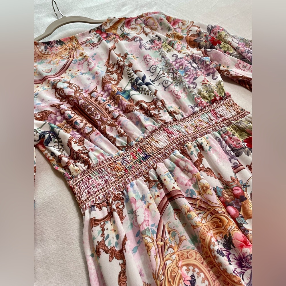 Boho Baroque Floral Maxi Dress Flowy Long Sleeve V Neck Scarf Print Cottagecore - Picture 13 of 15